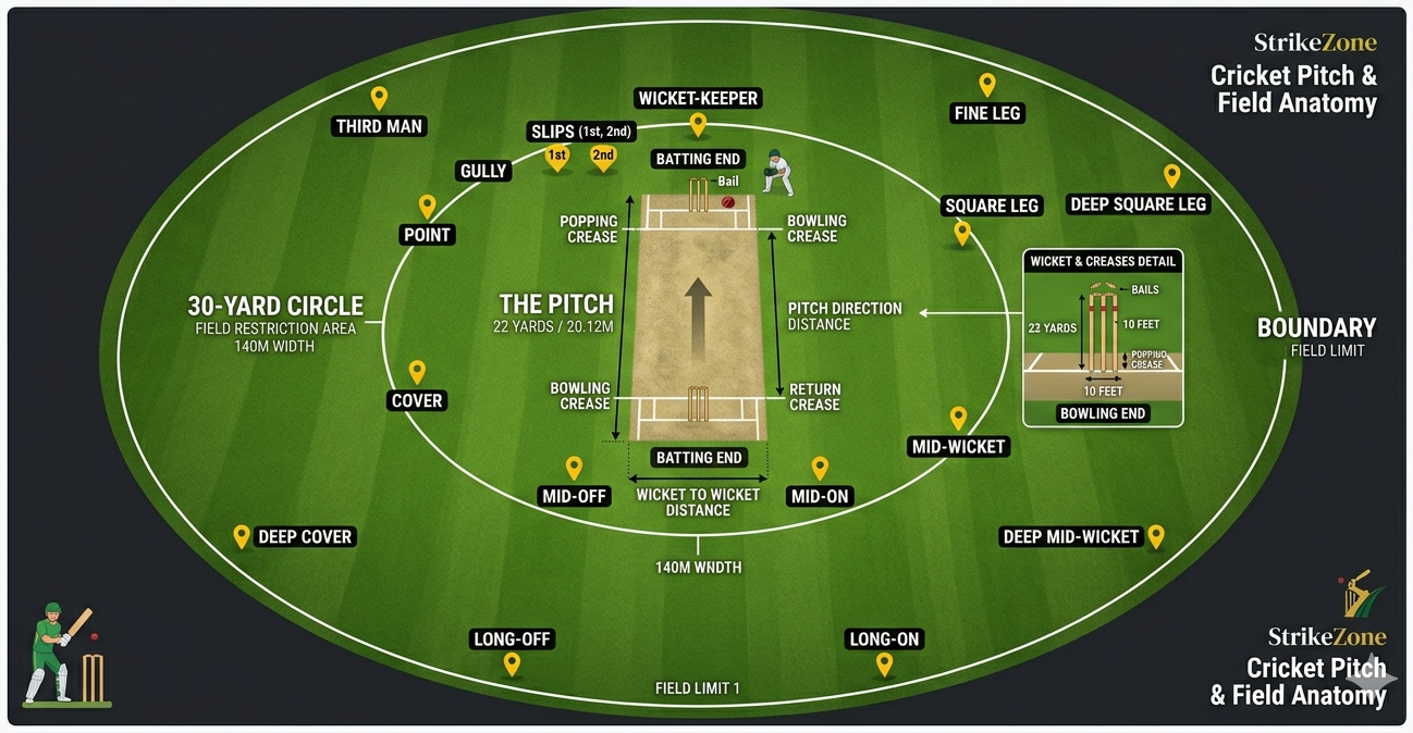 StrikeZone Cricket Pitch and Field Anatomy — showing all fielding positions, the 30-yard circle, batting ends, and wicket details